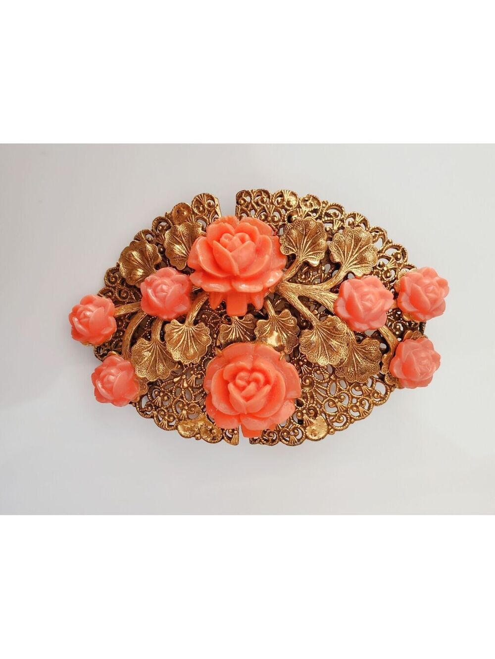 Vintage Gold-tone Filigree Carved Celluloid Floral Brooch Belt Buckle